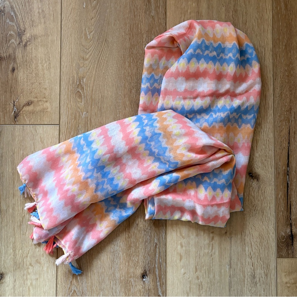 Like New Condition, Lightweight Pastel Colors Boho Scarf, 73x42 in, with Tassels